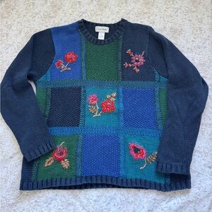 Colorful Patchwork Sweater with Floral Embroidery